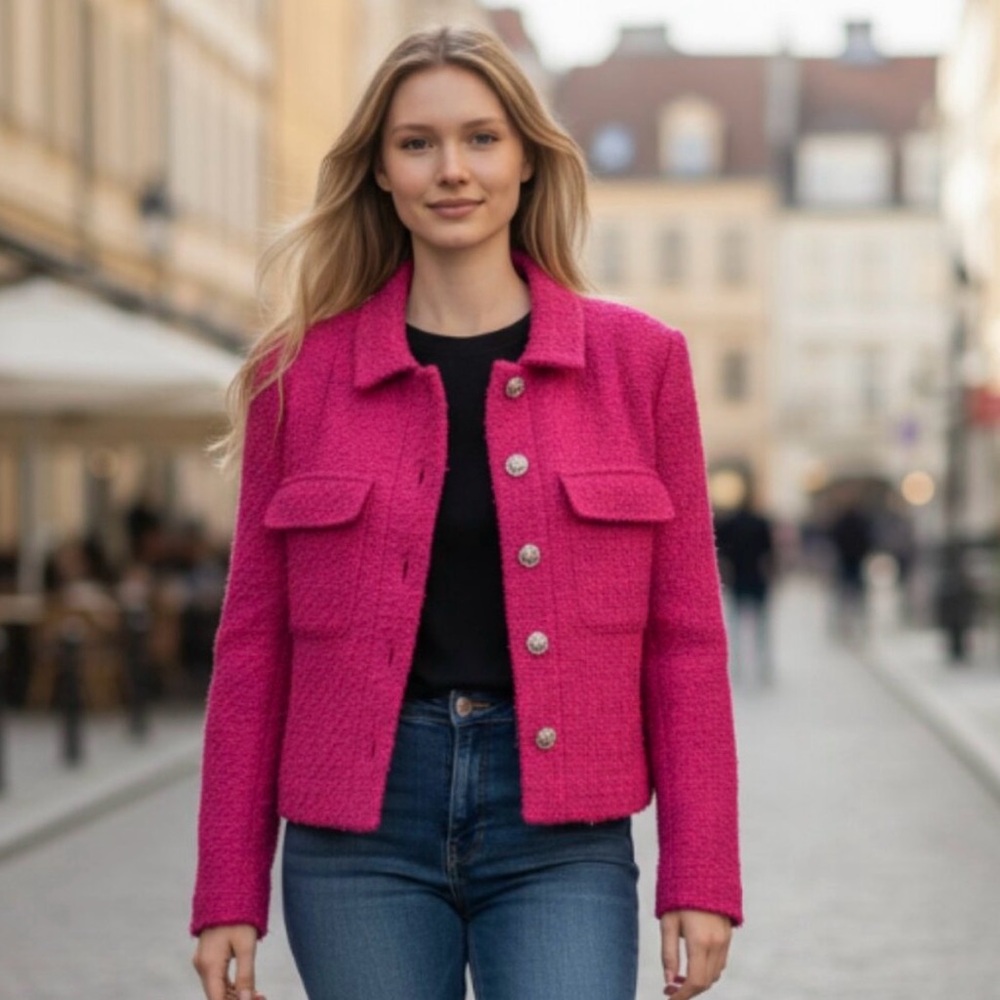 Rachel Zoe Fuchsia Cropped Tweed Blazer - Picture 2 of 14
